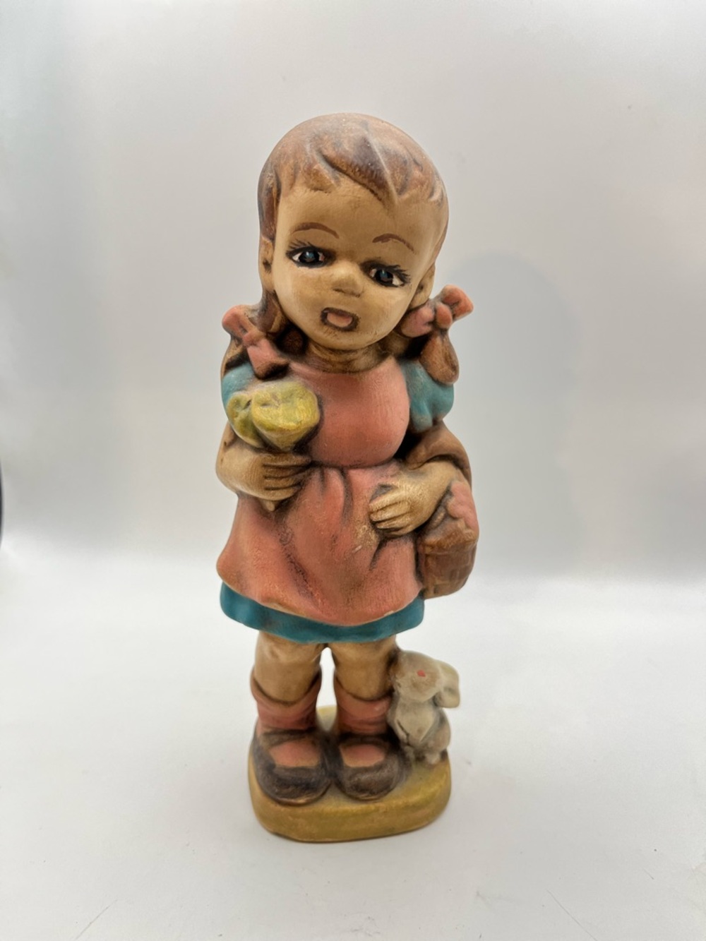 Hand-Painted Girl Figurine in Coral and Teal with Bunny